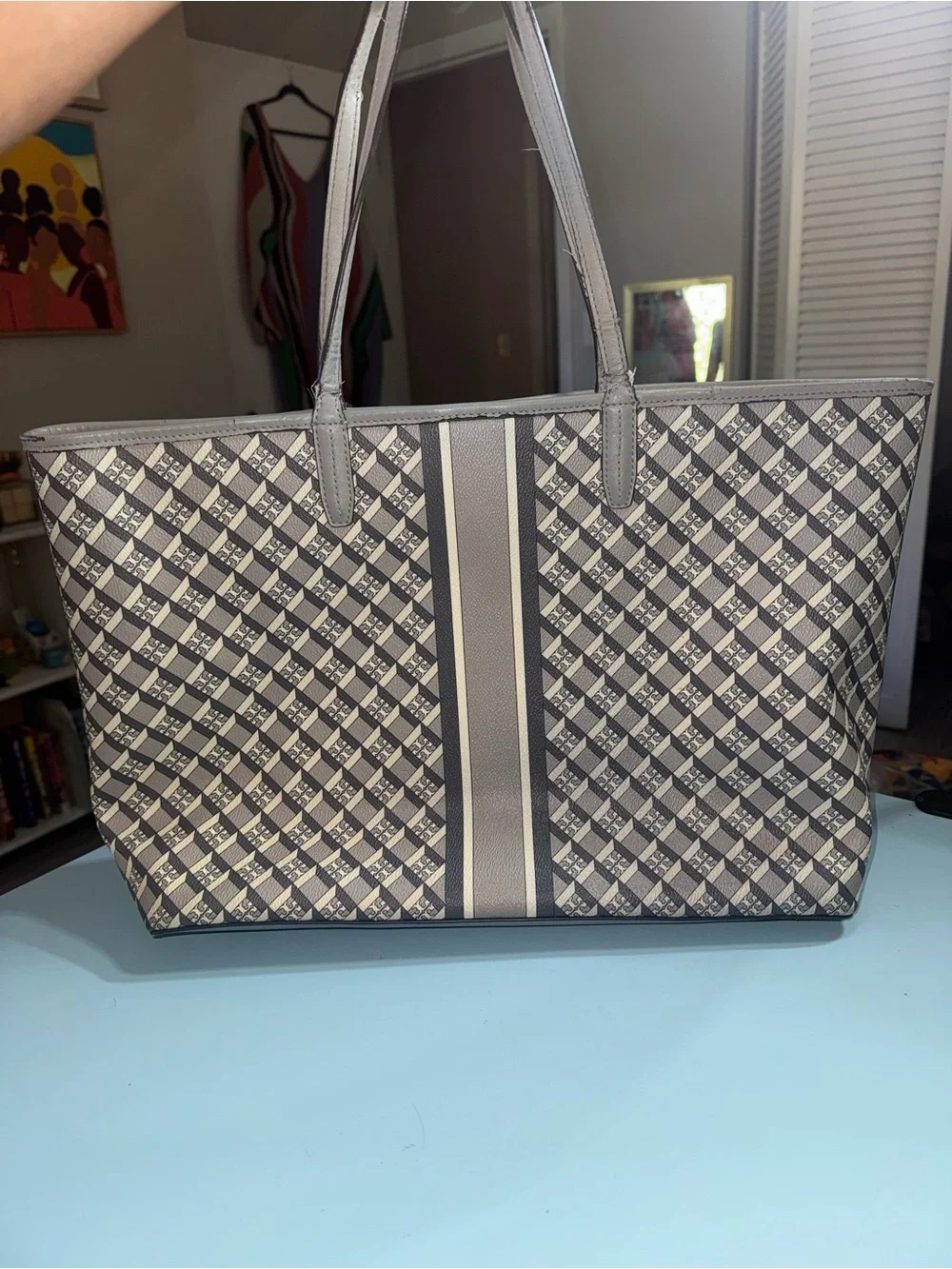 Tory Burch Beige and Gray Patterned Tote